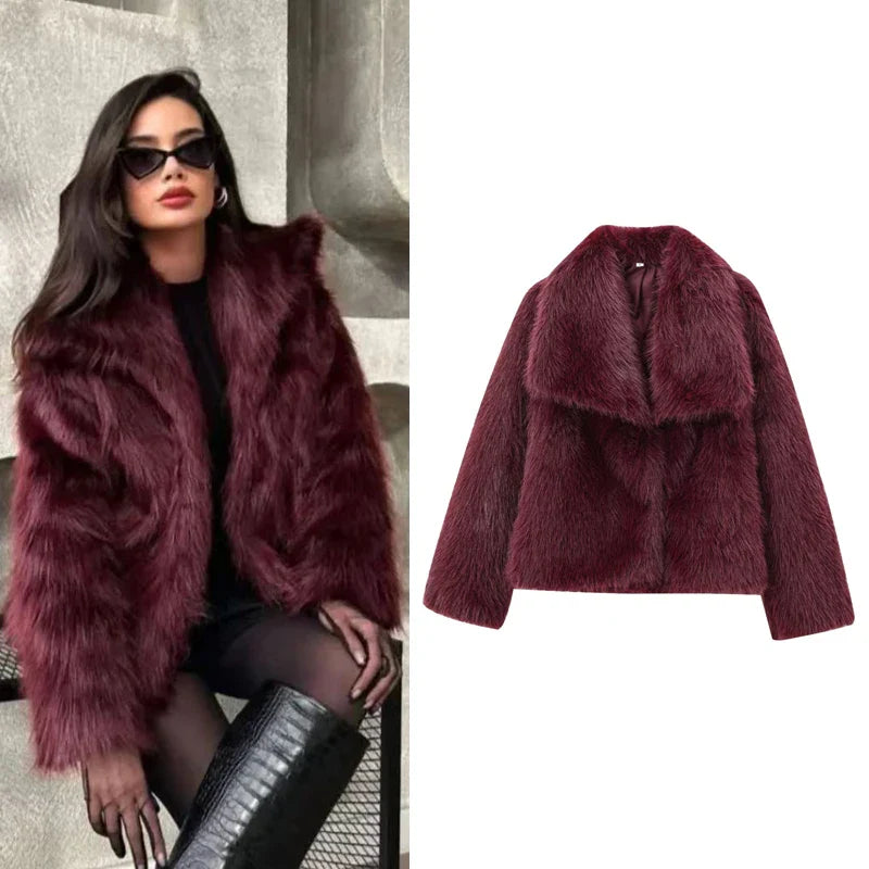 Burgundy Faux Fur Womens Coat - Stylish & Luxurious