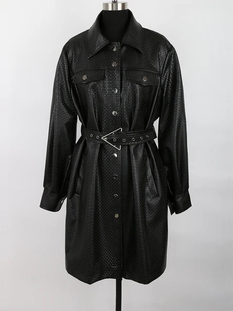 Black Faux Leather Belted Womens Shirt