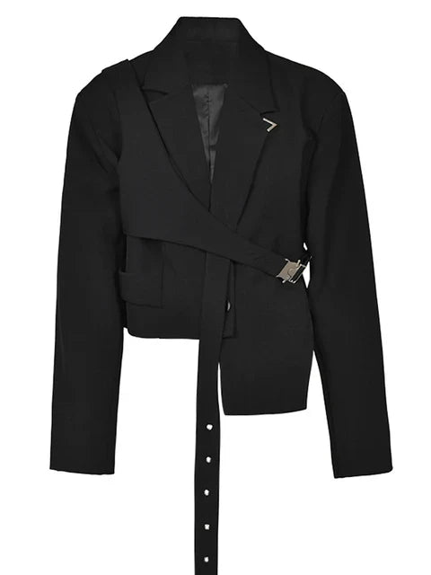 Black Cropped Belted Blazer for Women - Premium Cotton & Polyester Blend