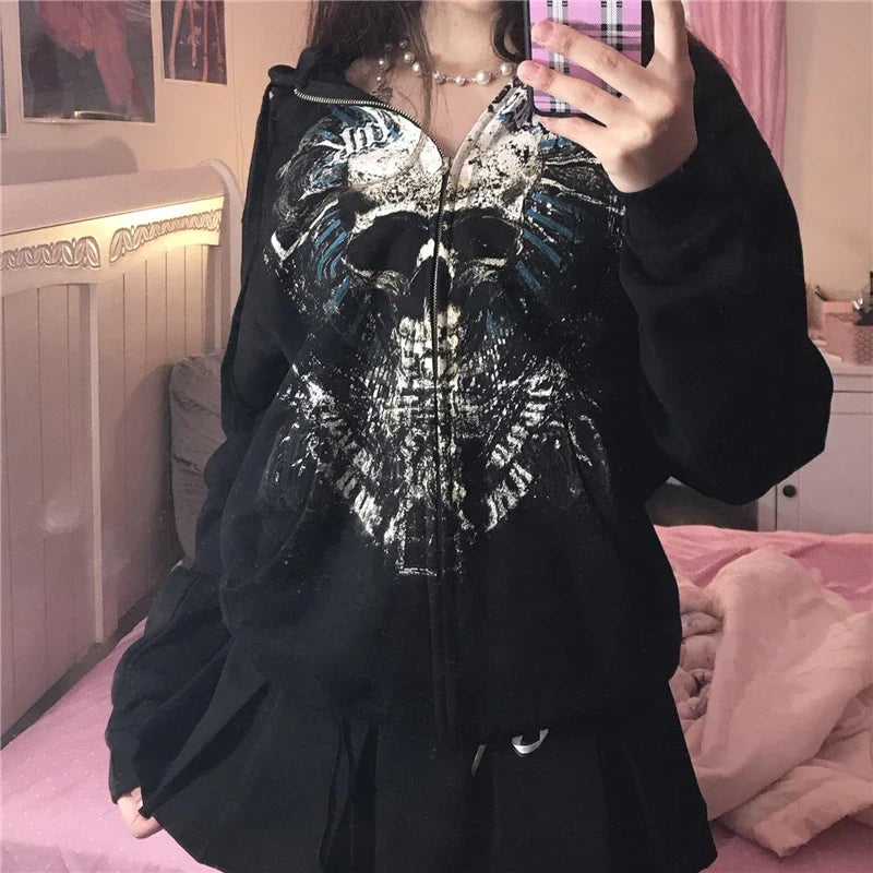 Black Skull Print Hooded Sweatshirt for Women