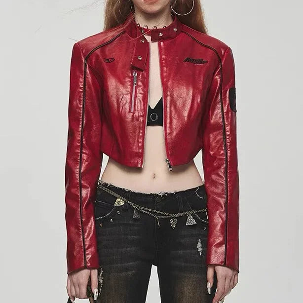 Red Faux Leather Motorcycle Jacket for Women