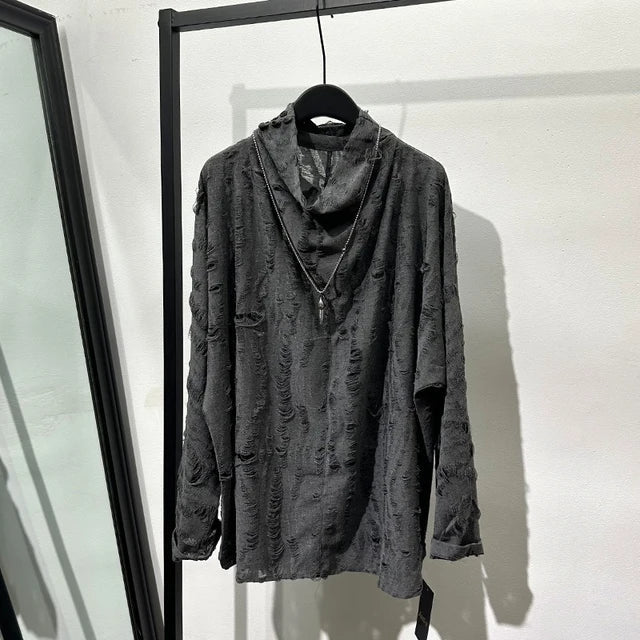 Mens Gray Gothic Style Ripped Sweater