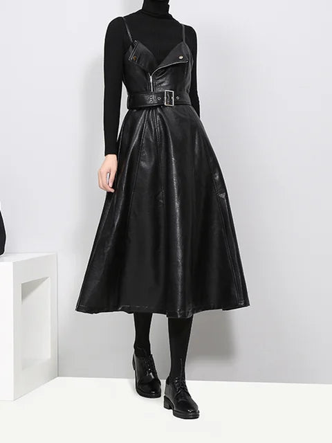 Chic Black Faux Leather Long Dress - Womens Fashion
