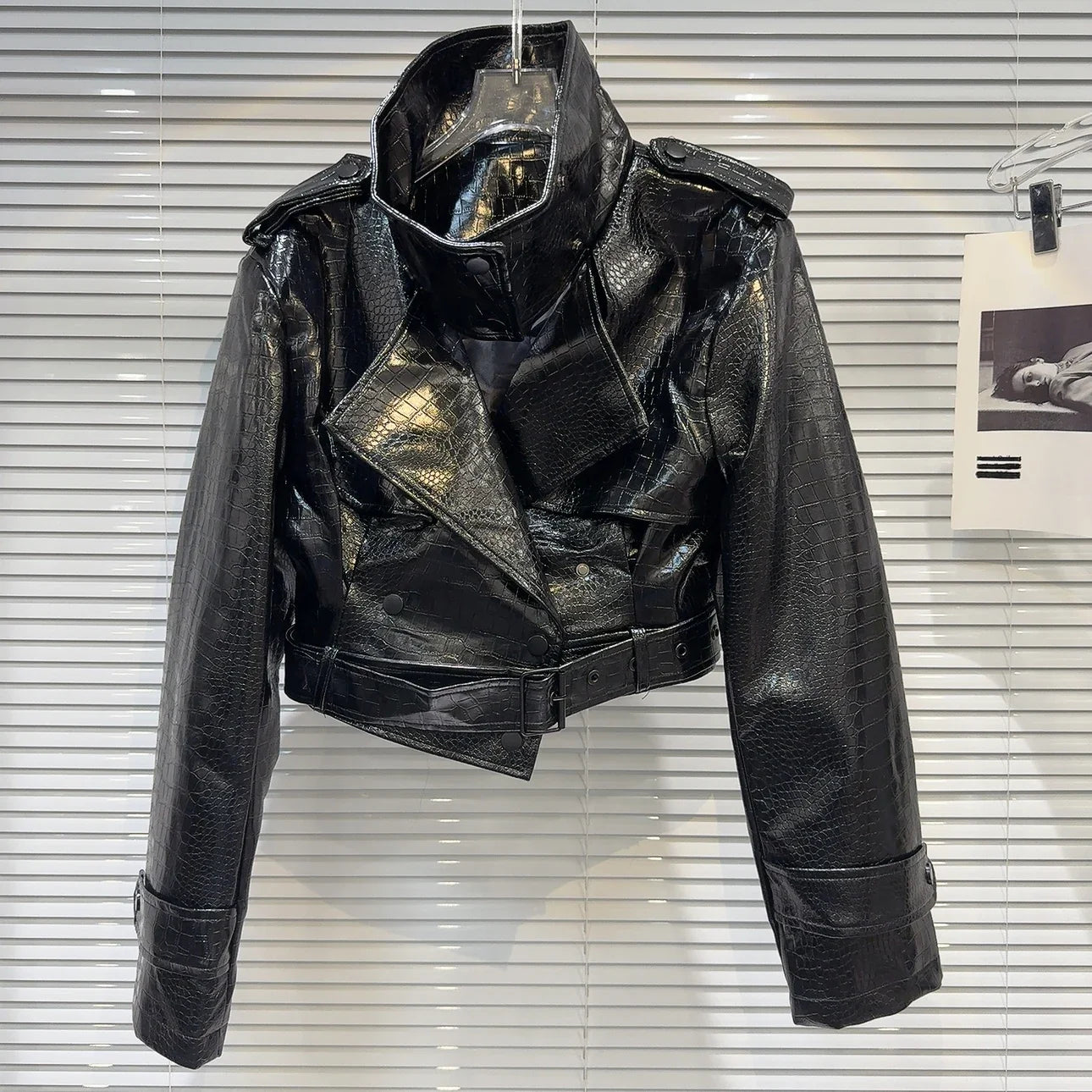 Cropped Faux Leather Jacket in Black