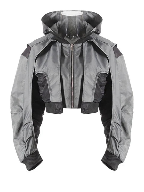 Womens Gray Hooded Bomber Jacket - Premium Cotton & Polyester Blend