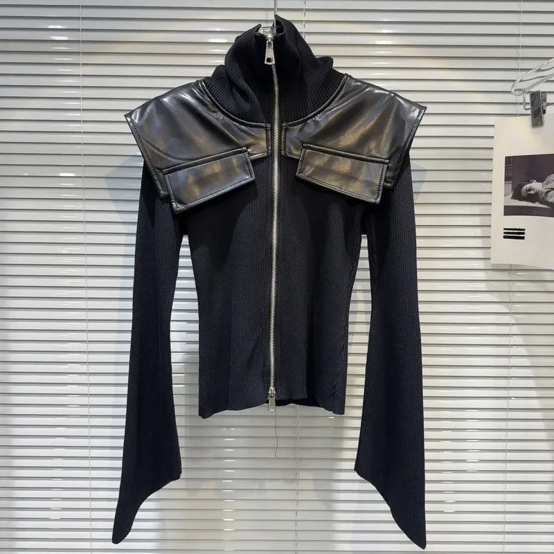 Black Flare Sleeve Womens Top Premium Faux Leather Cotton Blend