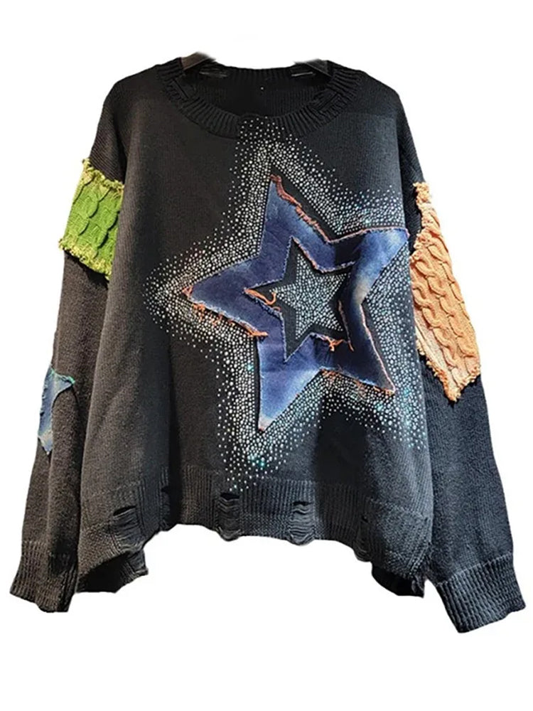 Black Cotton-Polyester Womens Loose Pullover