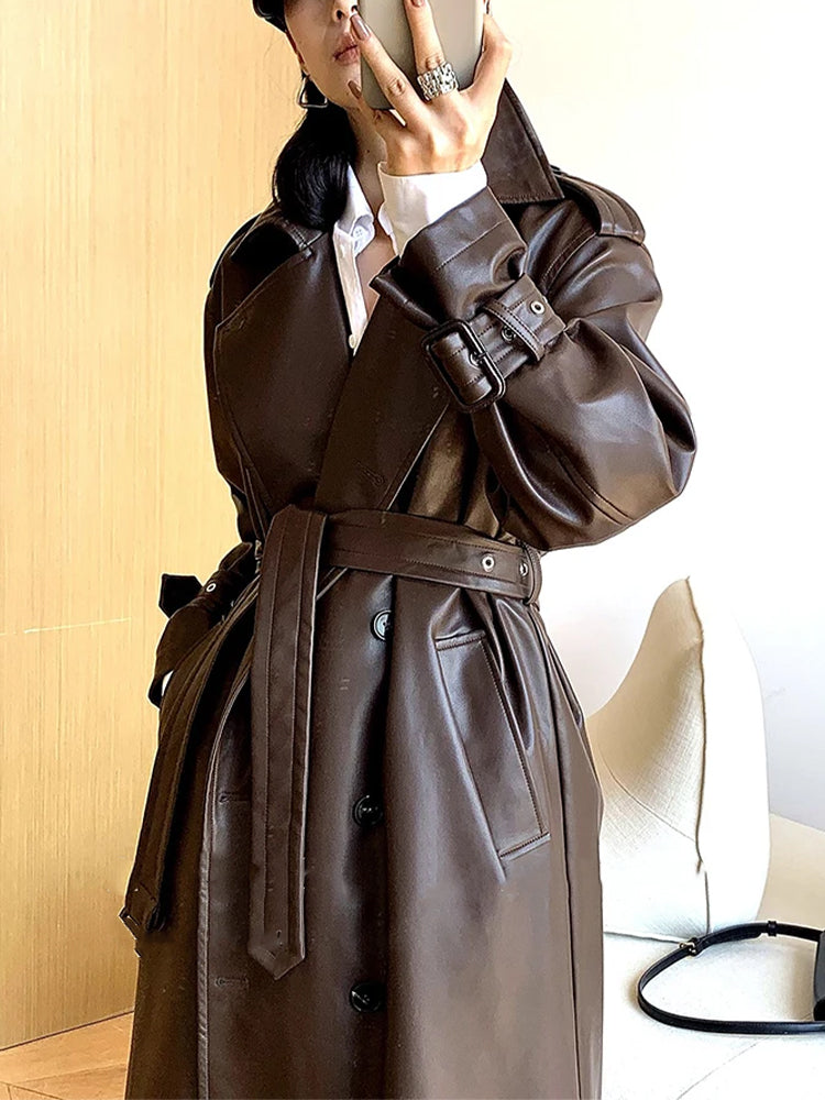 Brown Faux Leather Trench Coat for Women