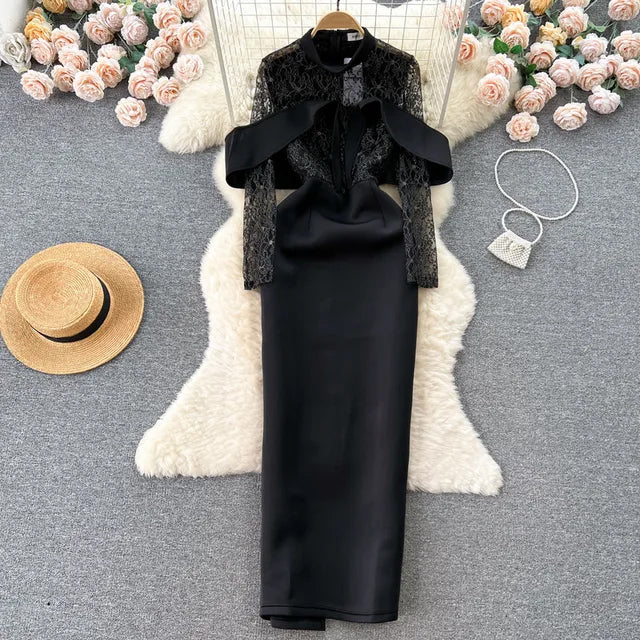 Elegant Black Cotton & Polyester Womens Long Dress