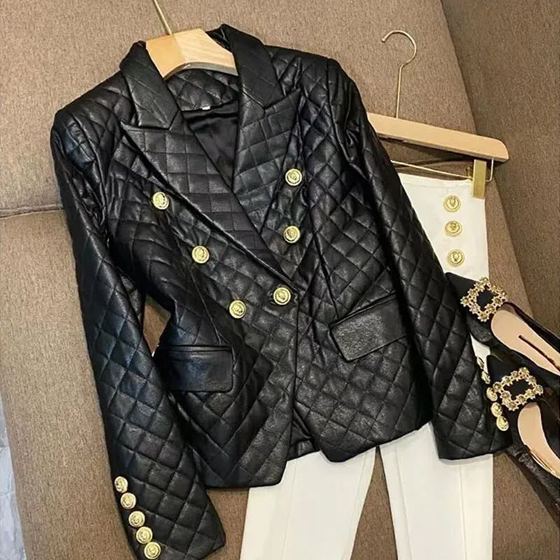 Classic Faux Leather Womens Blazer - Black