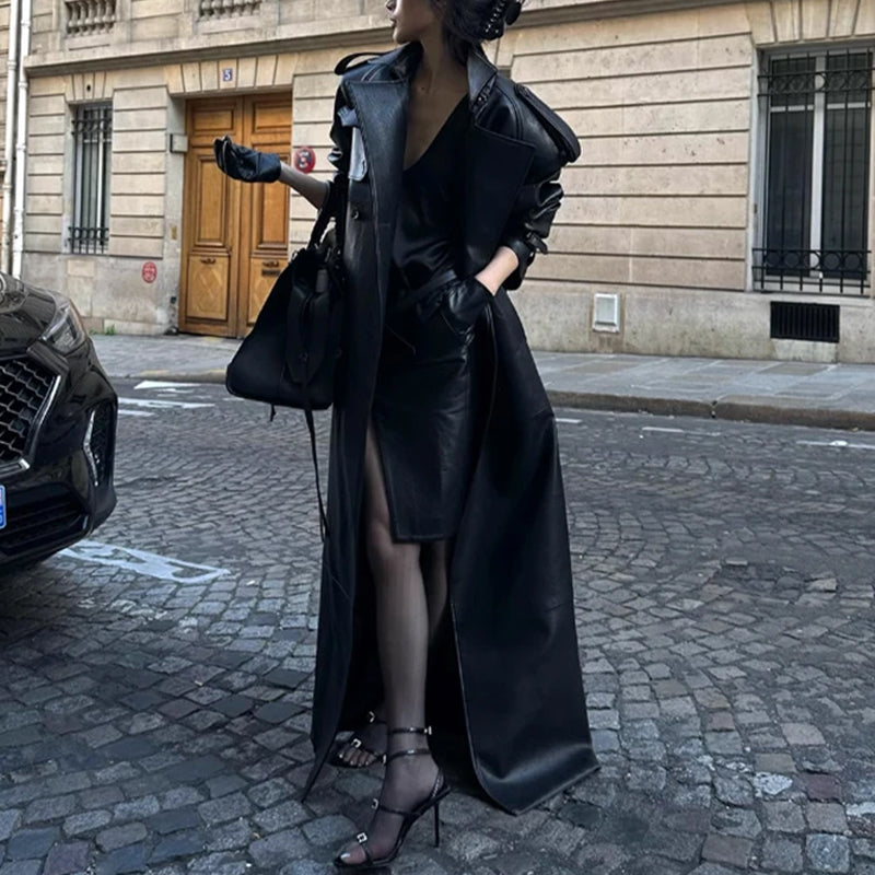 Black Faux Leather Extra Long Jacket for Women