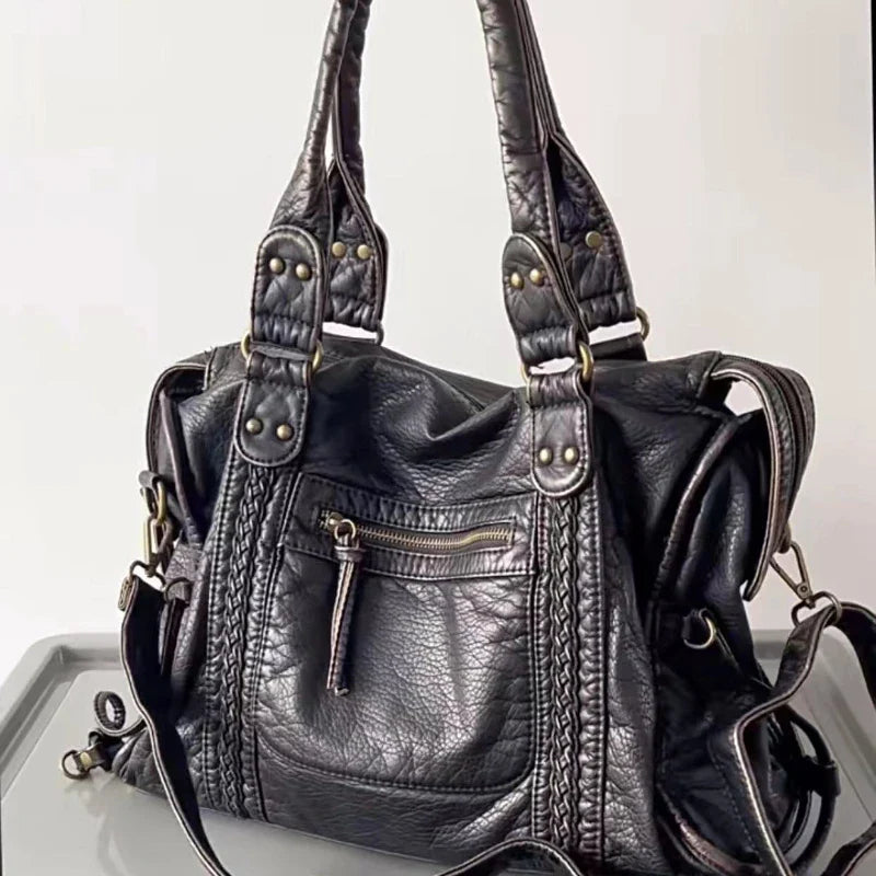 Black Vintage Leather Shoulder Bag 36cm