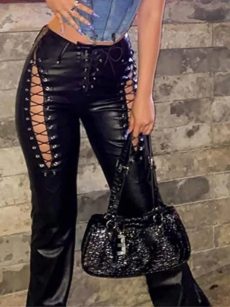 Chic Hollow Out Womens Black & Red Faux Leather Pants