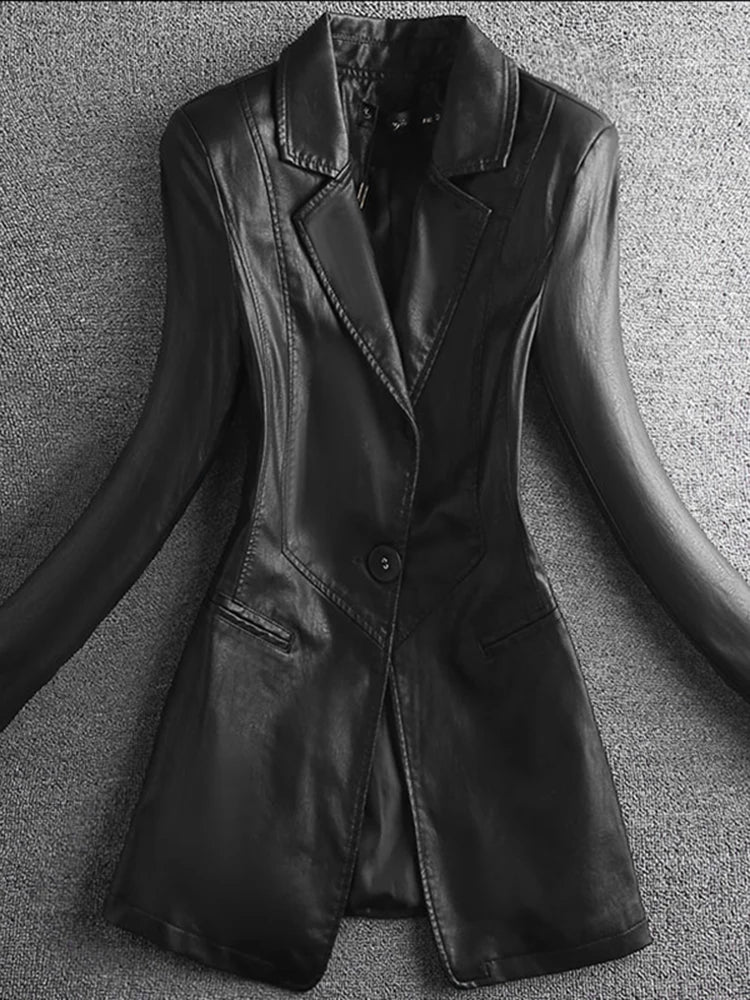Elegant Black Leather Womens Blazer