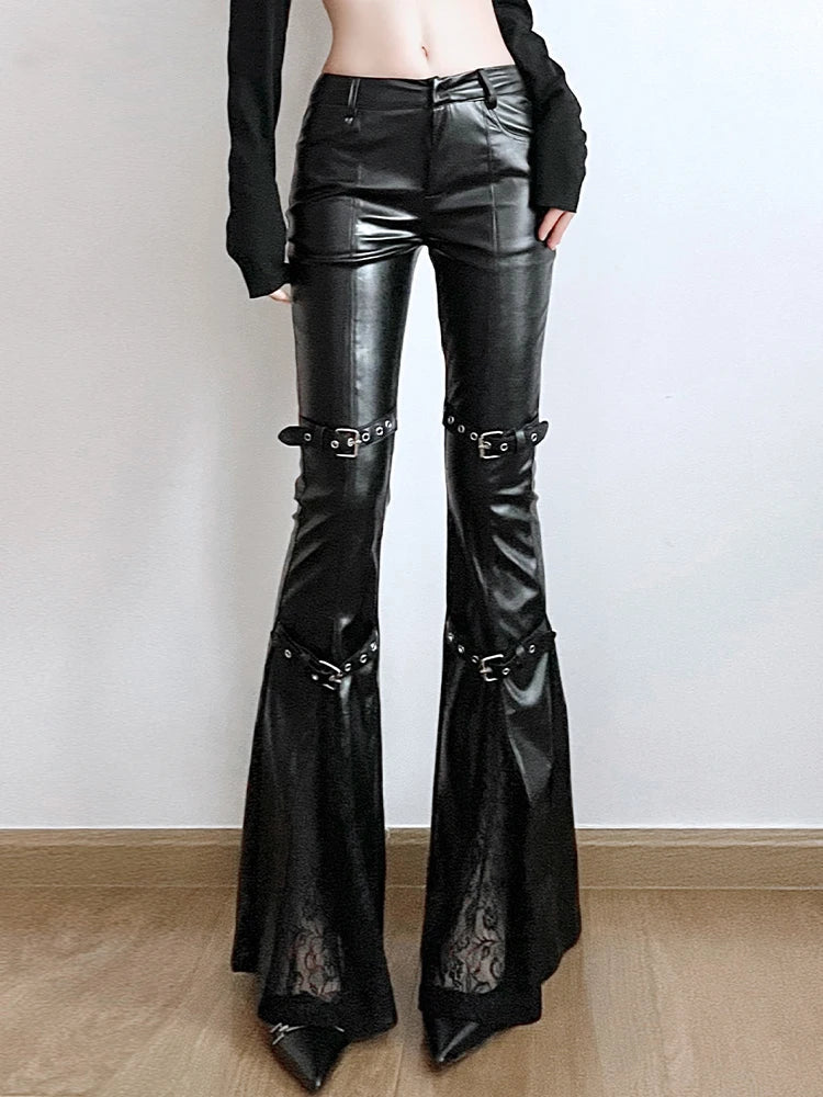 Chic Black Leather Flare Pants for Women