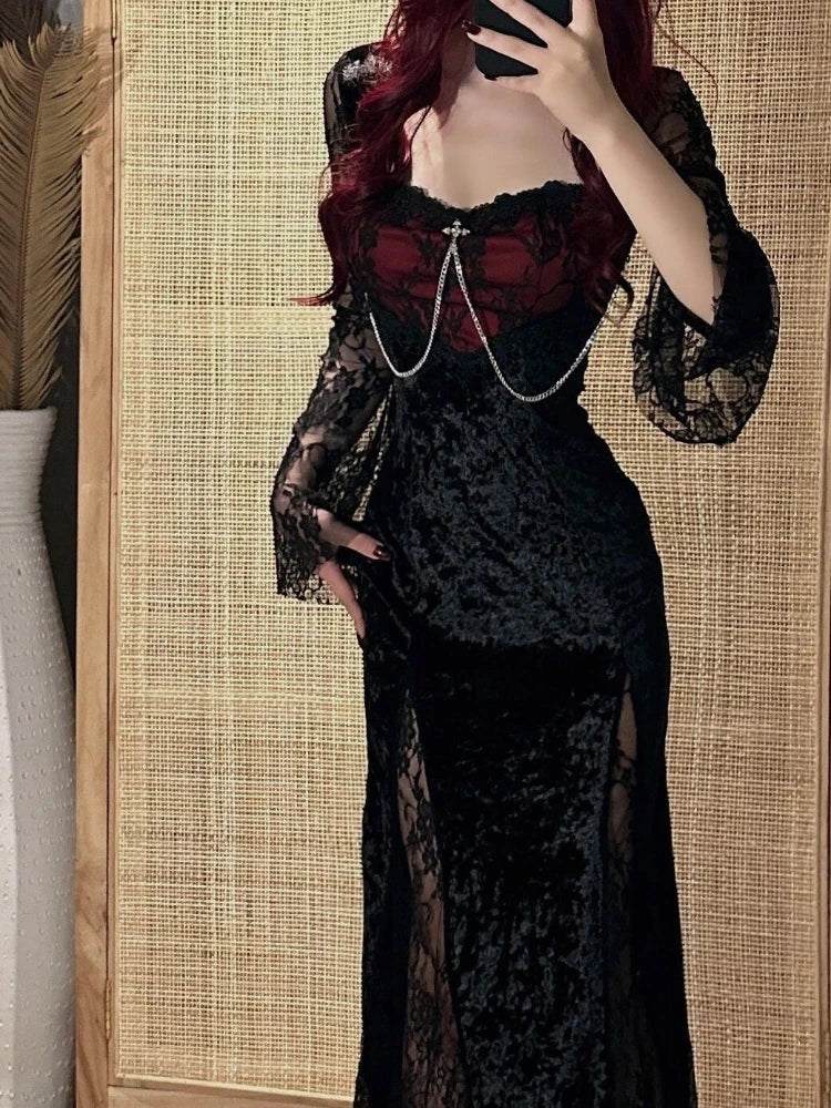Gothic Cotton Polyester Blend Womens Dress Black Elegant Design