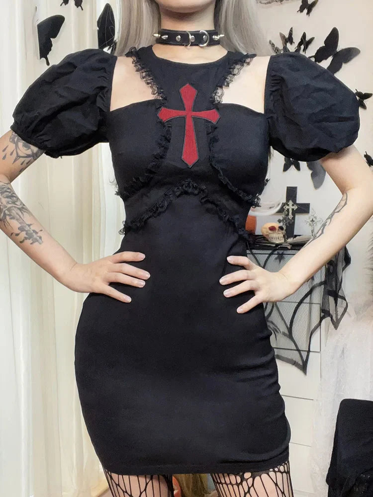 Gothic Style Black Womens Cotton Polyester Blend Dress