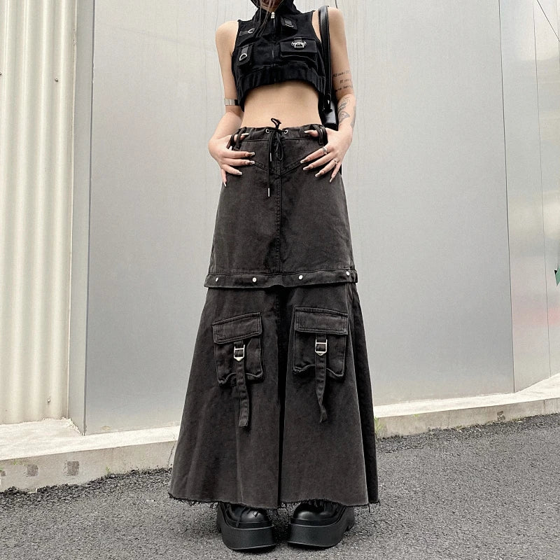 Black Baggy Cotton Denim Skirt - Trendy Womens Fashion