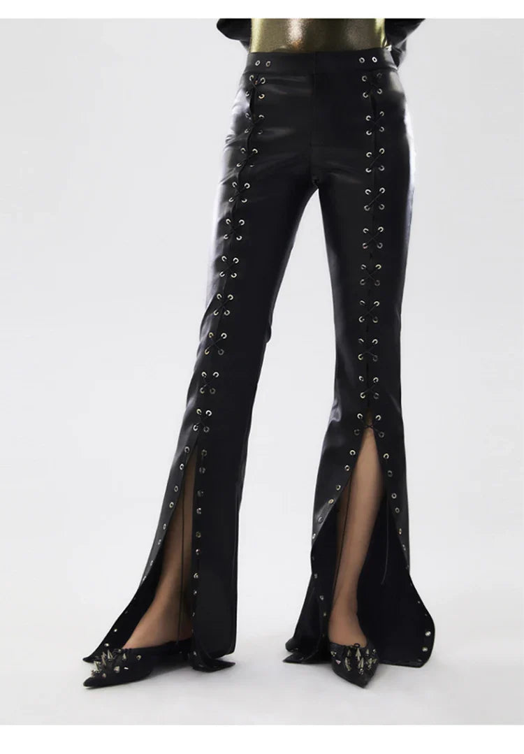Womens Black Faux Leather Flare Pants