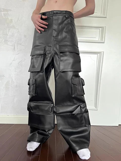 Black Cargo Faux Leather Pants for Men