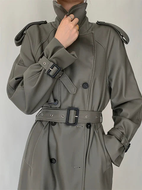 Premium Gray Womens Faux Leather & Cotton Trench Coat
