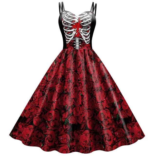Rose Skeleton Print Womens Dress Red Premium Cotton Polyester Blend