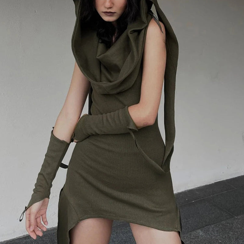 Khaki Hooded Mini Dress Premium Cotton Polyester Blend