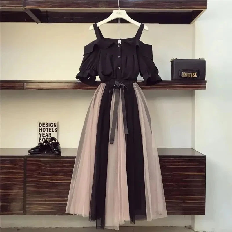 Elegant Womens Victorian Gothic Two Piece Set Black