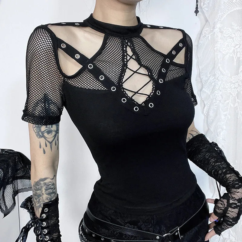 Stylish Hollow Out Womens Top Black Premium Cotton Polyester Blend