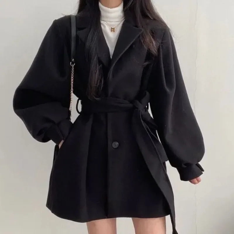 Black Elegant Cotton & Wool Blend Womens Jacket