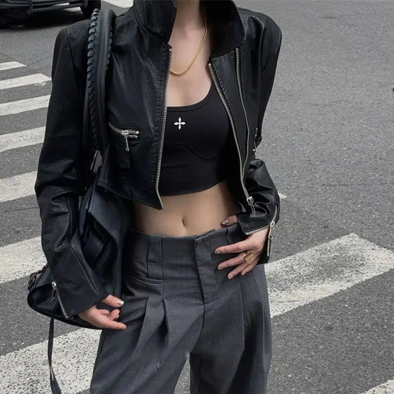 Black Faux Leather Cropped Womens Jacket