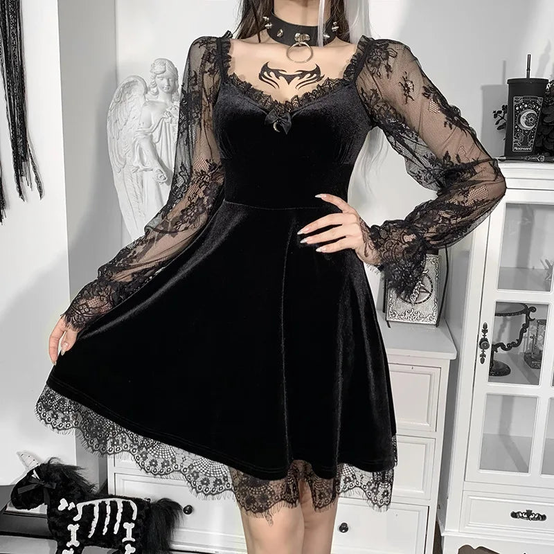 Elegant Gothic Womens Dress Black Premium Cotton Polyester
