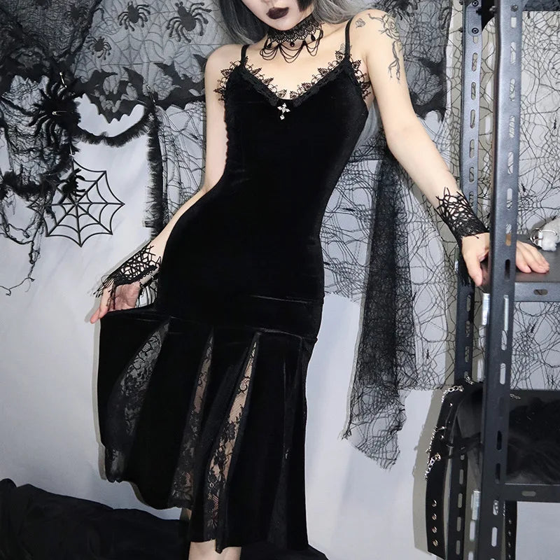 Elegant Gothic Cotton & Polyester Womens Dress - Black
