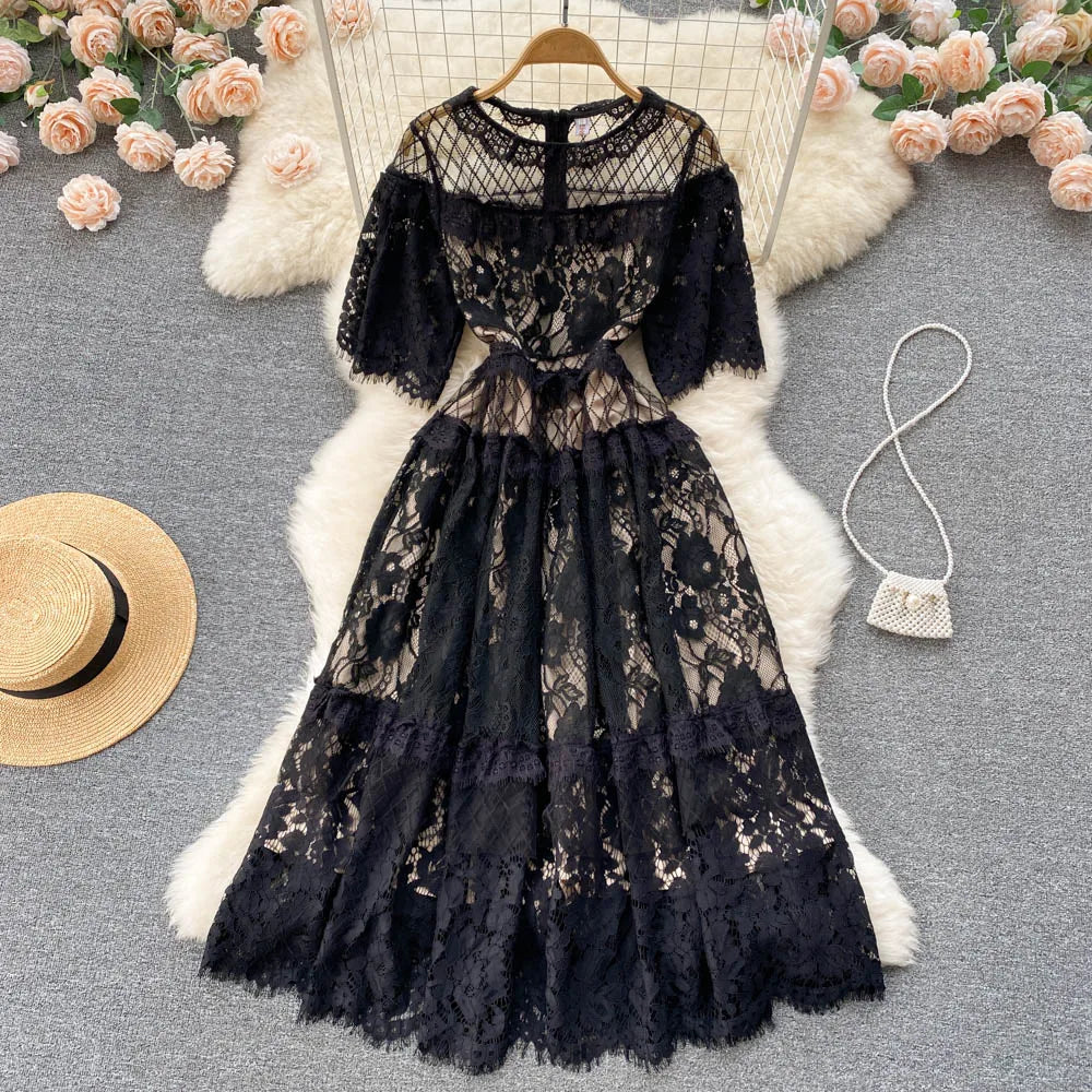Elegant Black Evening Dress Cotton Polyester Blend