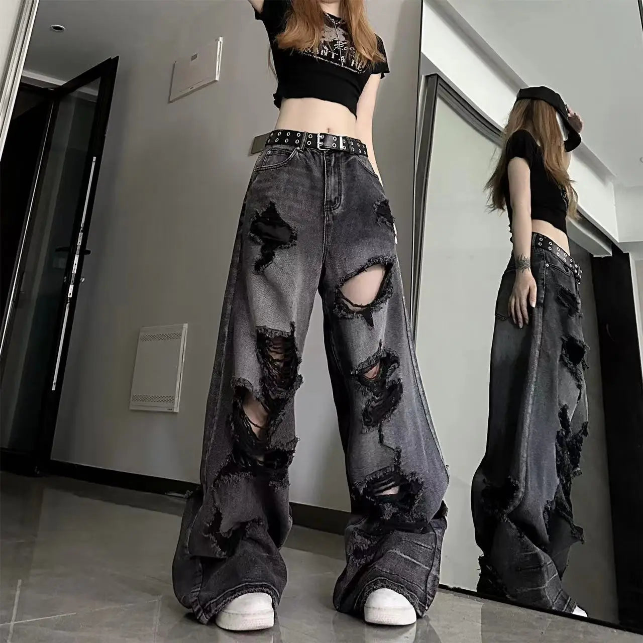 Black Ripped Womens Jeans - Premium Cotton Denim Blend