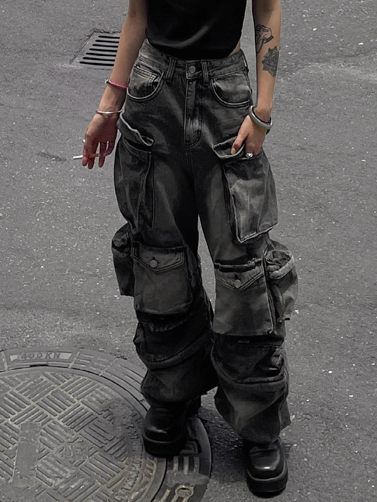 Grey Cotton & Polyester Baggy Pants for Women