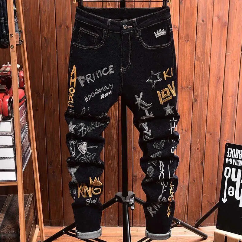 Premium Black Embroidered Mens Cotton & Denim Blend Pants
