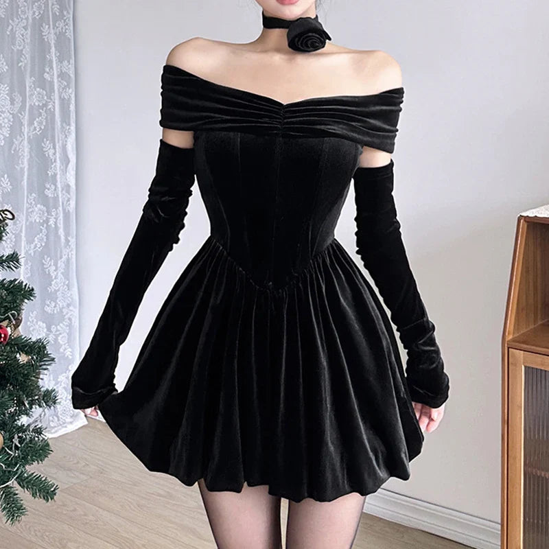 Elegant Cotton Velvet Womens Dress | Black/Red S/M/L