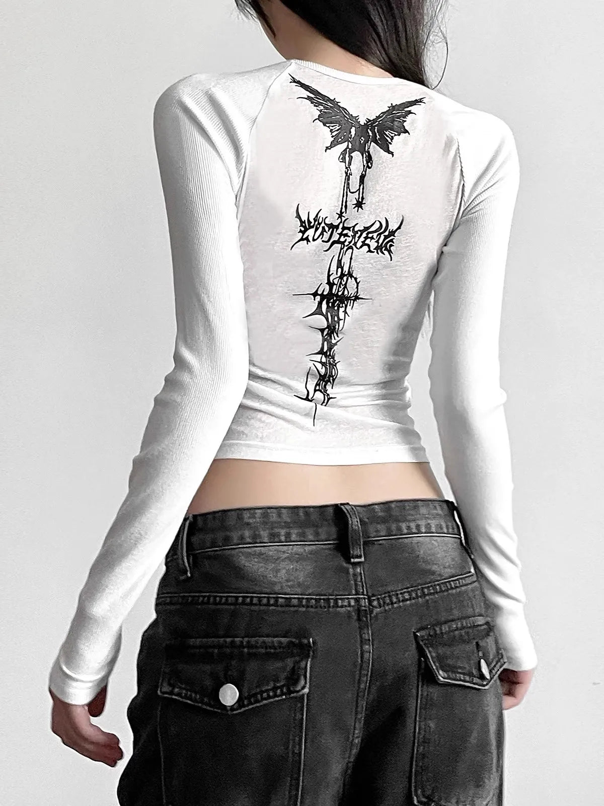 Vintage White Long Sleeve Cotton Polyester Blend Top