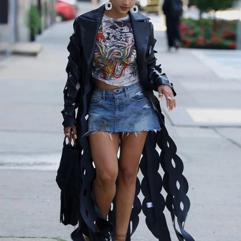 Black Faux Leather Womens Cardigan