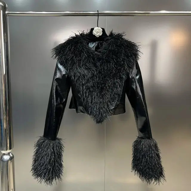 Black Faux Leather & Cotton Blend Womens Jacket