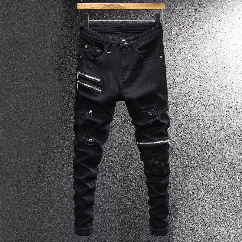 Black Punk Style Cotton Denim Jeans for Men