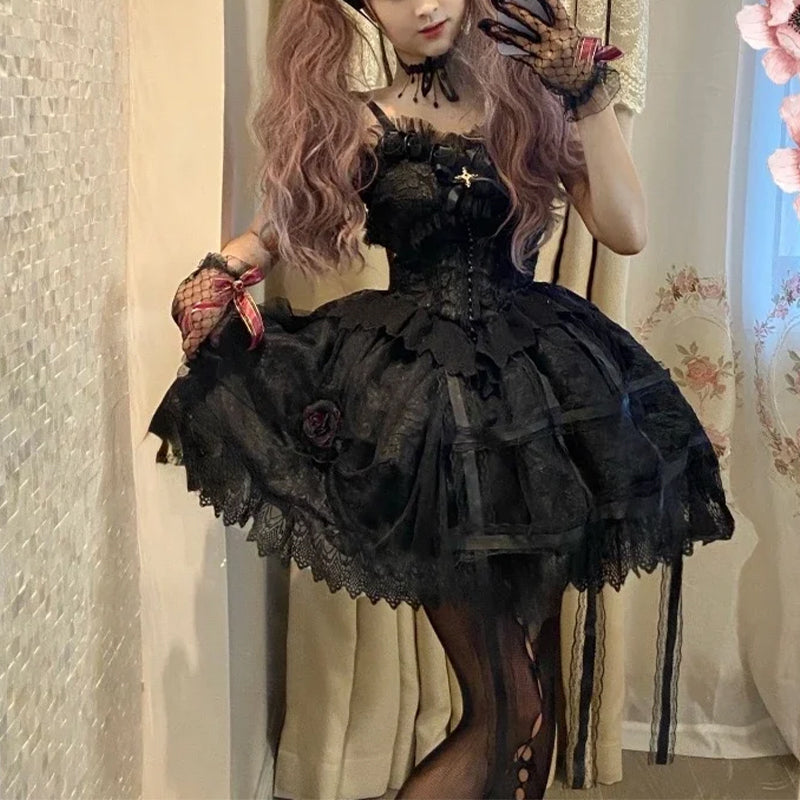Elegant Gothic Style Womens Black Cotton Polyester Blend Dress