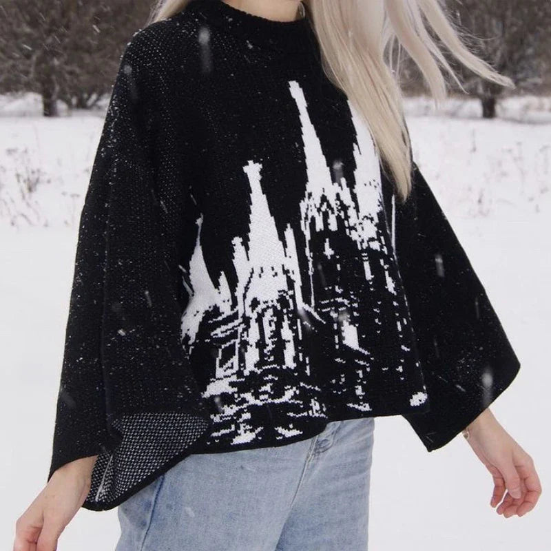Black Cotton & Polyester Womens Loose Sweater