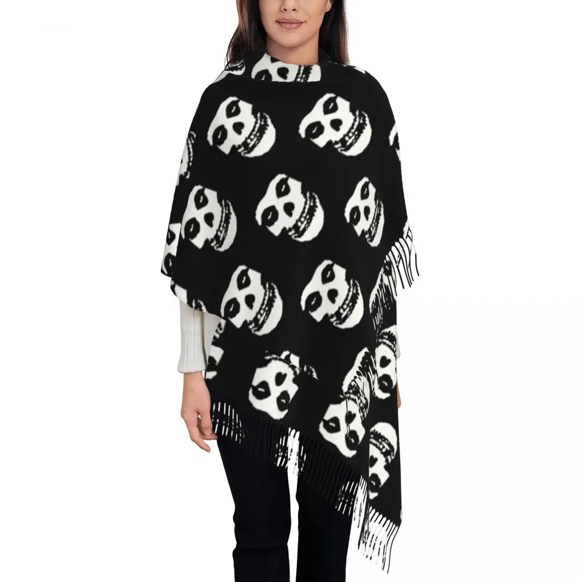 Black Cotton-Polyester Blend Skull Scarf
