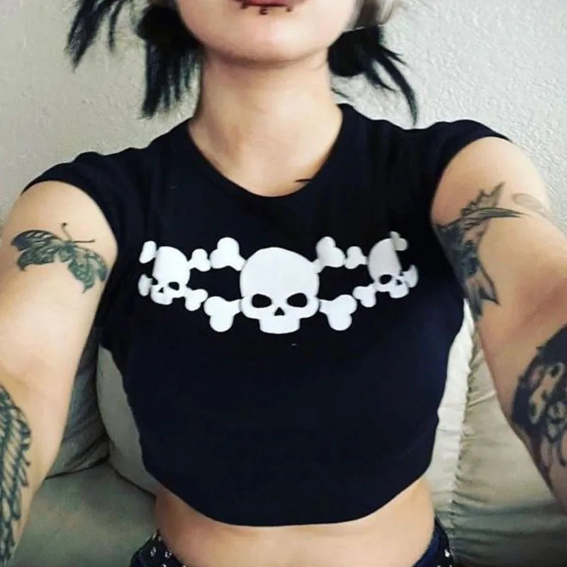 Chic Skull Print Womens Crop Top Black Premium Cotton Polyester Blend