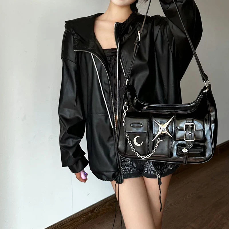 Black Faux Leather Handbag 25X13X7cm