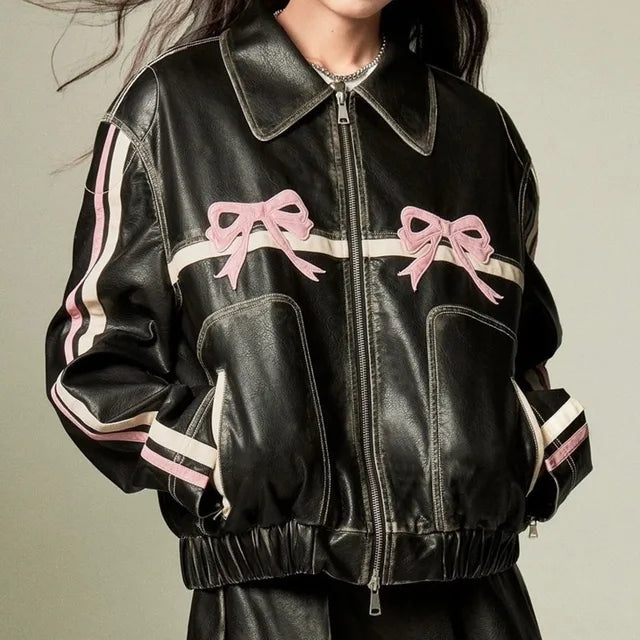 Black Vintage Faux Leather Jacket for Women