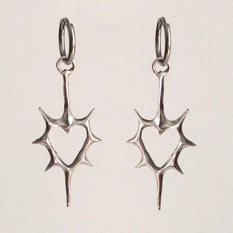 Silver Goth Heart Earrings Womens Premium Iron Alloy