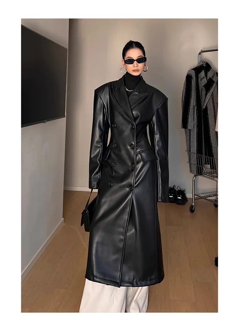 Black Faux Leather Womens Trench Jacket